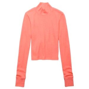 NWT American Eagle Long-Sleeve Cropped Hey Baby Mock Neck Tee Coral Pink Size XS